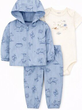 NWT Carter’s Baby Boy Farm Theme 3-Piece Set Blue Hooded Jacket Pants 12 Months